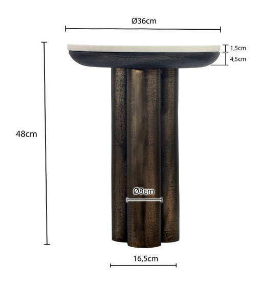 Beistelltisch Marmor Rund mit technischer Seitenansicht und Maßangaben für Säulenbein aus Aluminium.