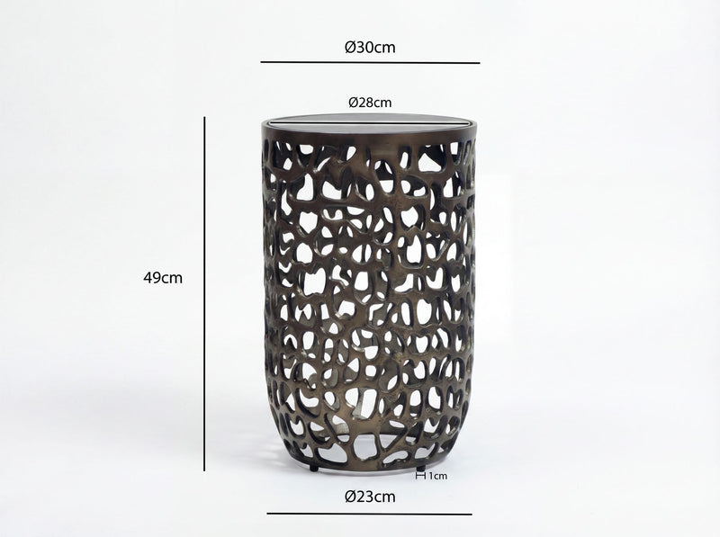 Beistelltisch rund 30 cm Schwarz, Glas und Aluminium, Handmade