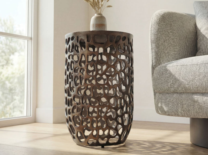Beistelltisch rund 30 cm Schwarz, Glas und Aluminium, Handmade