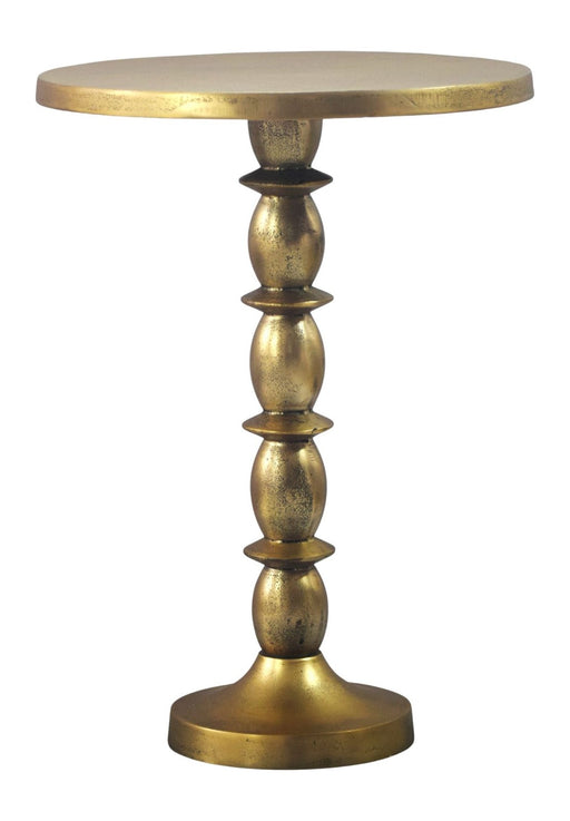 Beistelltisch Gold Aluminium 40 cm mit runder Tischplatte und geschwungenem Ständer in Goldoptik, Gesamtansicht.