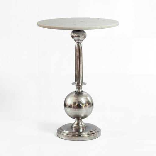 Beistelltisch Rund Marmor Weiß mit silbernem Metallgestell im Art-Déco-Design, Gesamtansicht von vorne.