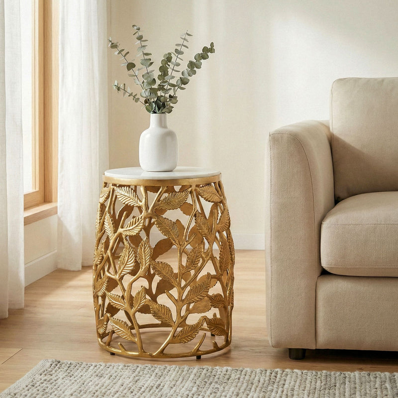 Beistelltisch Gold mit Marmorplatte, rundes Alu-Design von Wohnling