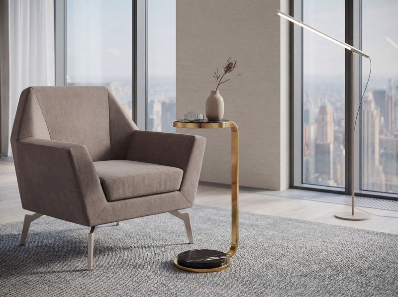 Beistelltisch C-Form mit Marmorfuß und Glasplatte, Gold von Wohnling