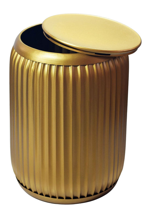 Beistelltisch Rund Gold mit Rillenoptik und Stauraum in Gesamtansicht von vorne mit geöffnetem Deckel.