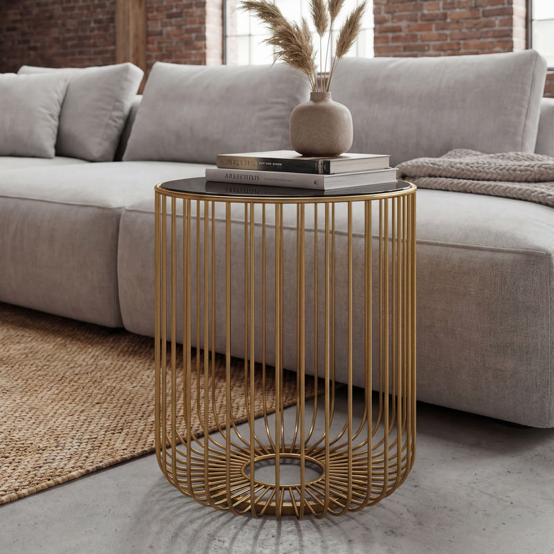 Beistelltisch Gold Rund: Filigrane Glas-Metall-Gitteroptik