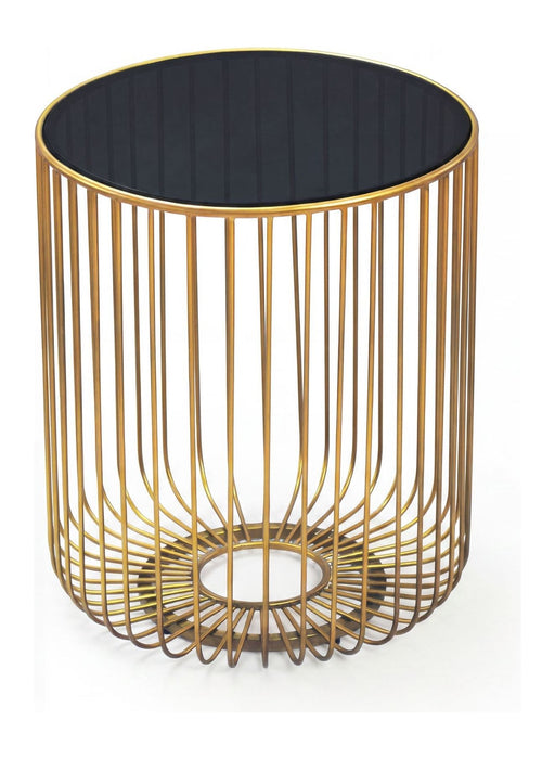 Beistelltisch Gold Rund mit schwarzer Glasplatte und goldenem Metallgestell in Gitteroptik, Gesamtansicht.