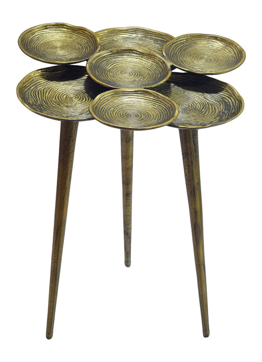 Beistelltisch Aluminium Gold mit sieben runden, goldenen Aluminiumplatten auf drei schlanken Metallbeinen.