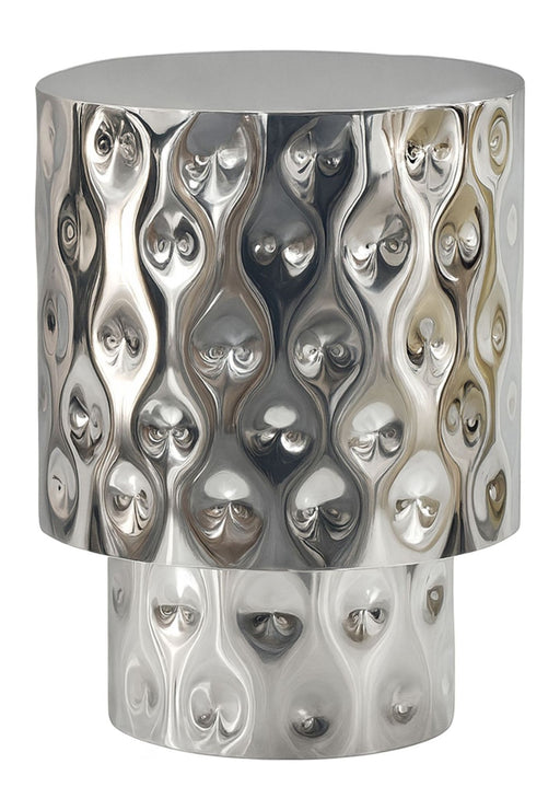 Beistelltisch Aluminium Silber Rund 36 cm mit strukturierter Oberfläche aus glänzendem Aluminium, Gesamtansicht von vorne.