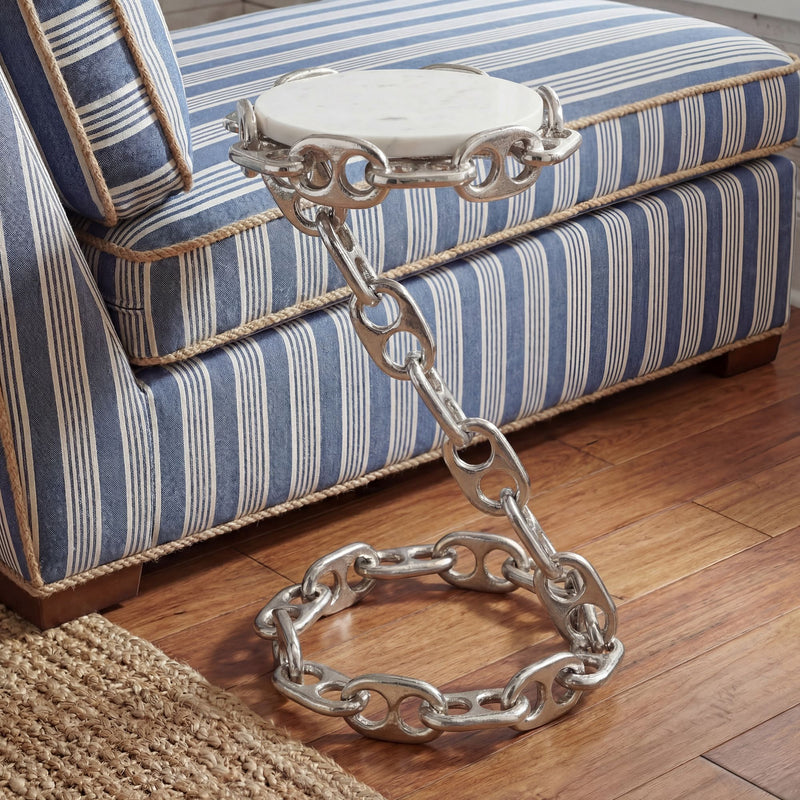 Beistelltisch Marmor mit Kettengestell in Silber, rund, 31 cm