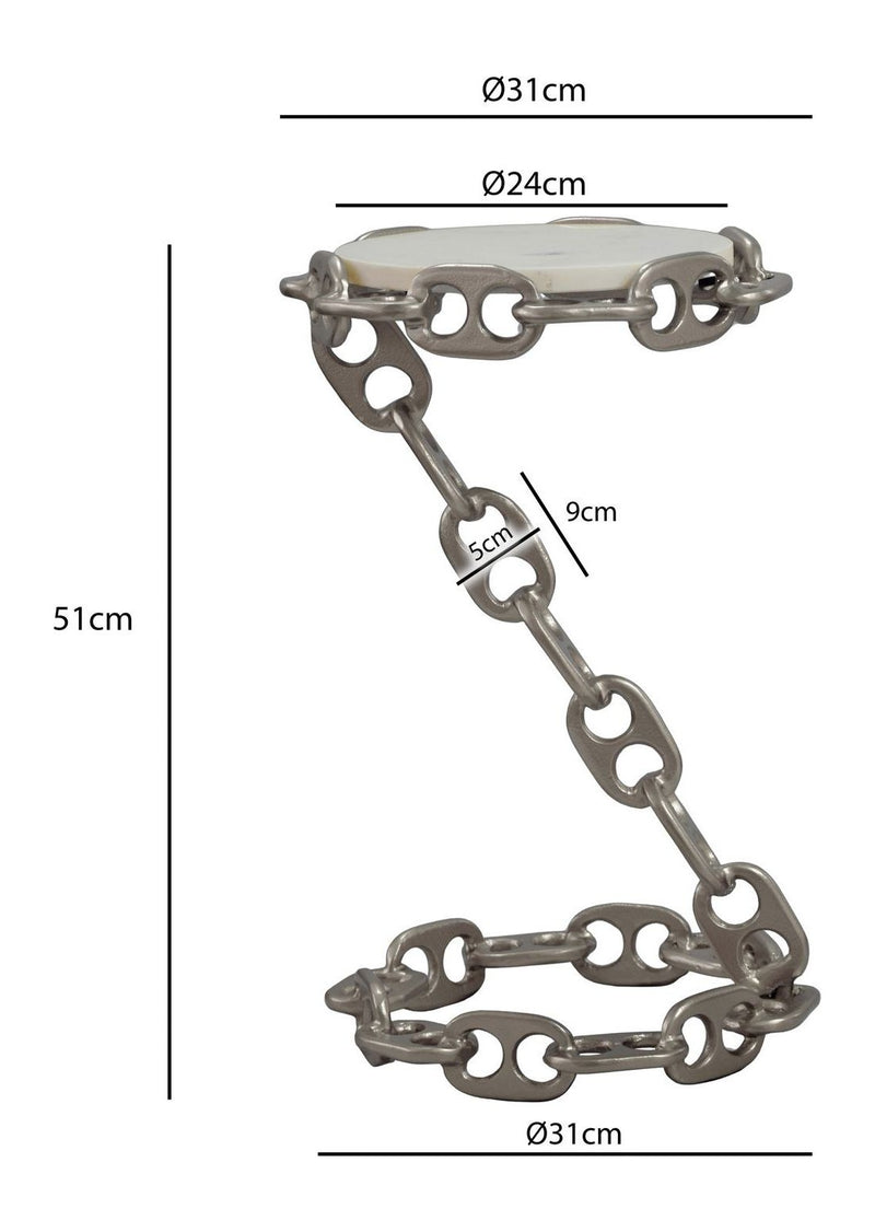 Beistelltisch Marmor mit Kettengestell in Silber, rund, 31 cm