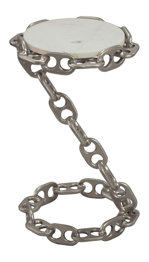 Beistelltisch Marmor mit Kettengestell in Silber mit runder Marmorplatte und silbernem Kettengestell in Gesamtansicht.