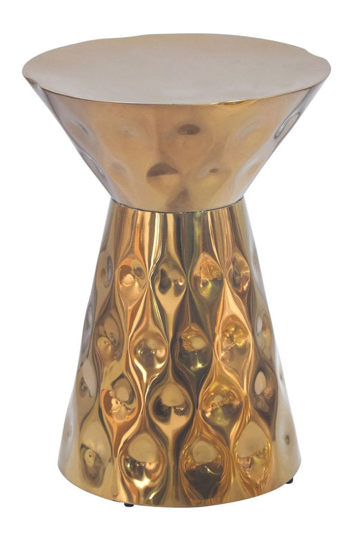 Beistelltisch Aluminium Gold Rund im Sanduhr-Design mit glänzender, reliefierter Oberfläche in Goldfarbe, Gesamtansicht.