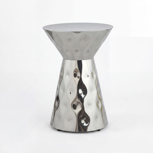 Beistelltisch Alu Rund Silber 36 cm mit konischer Form und dekorativen Durchbruchmustern in Gesamtansicht.