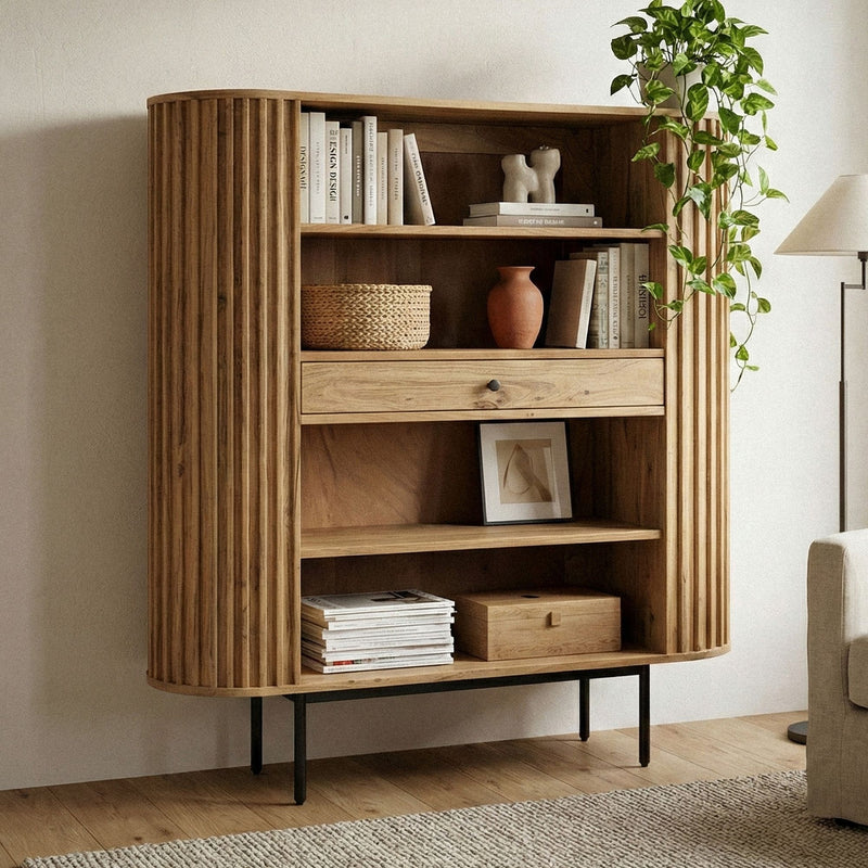Bücherregal Akazie Massivholz mit Schublade, Lamellen-Design 105x122cm