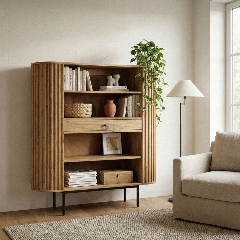 Bücherregal Akazie Massivholz mit Schublade, Lamellen-Design 105x122cm