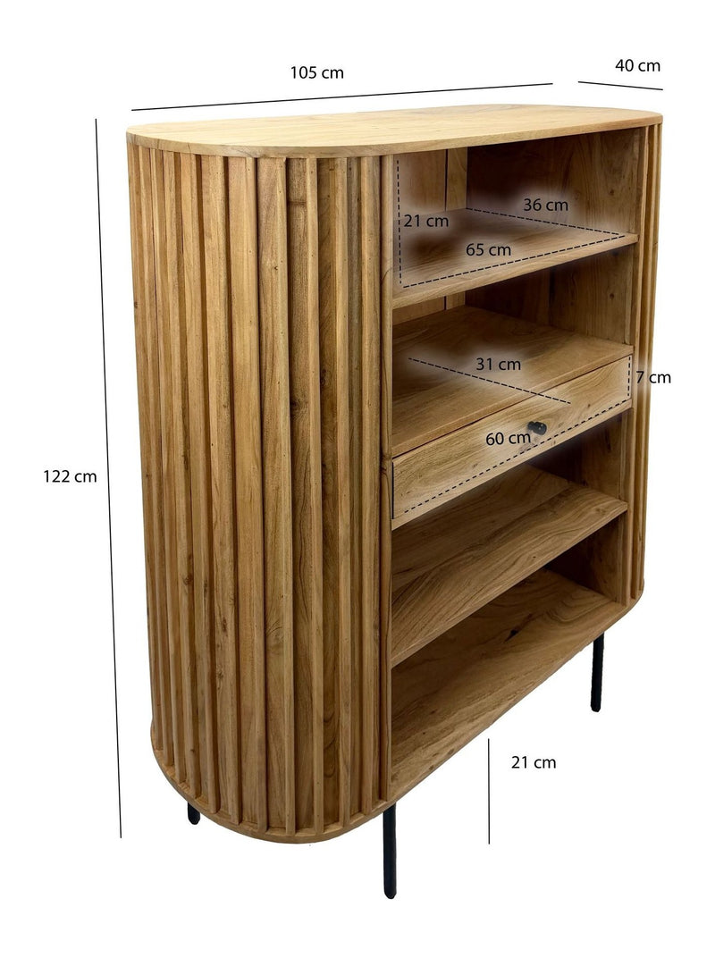 Bücherregal Akazie Massivholz mit Schublade, Lamellen-Design 105x122cm
