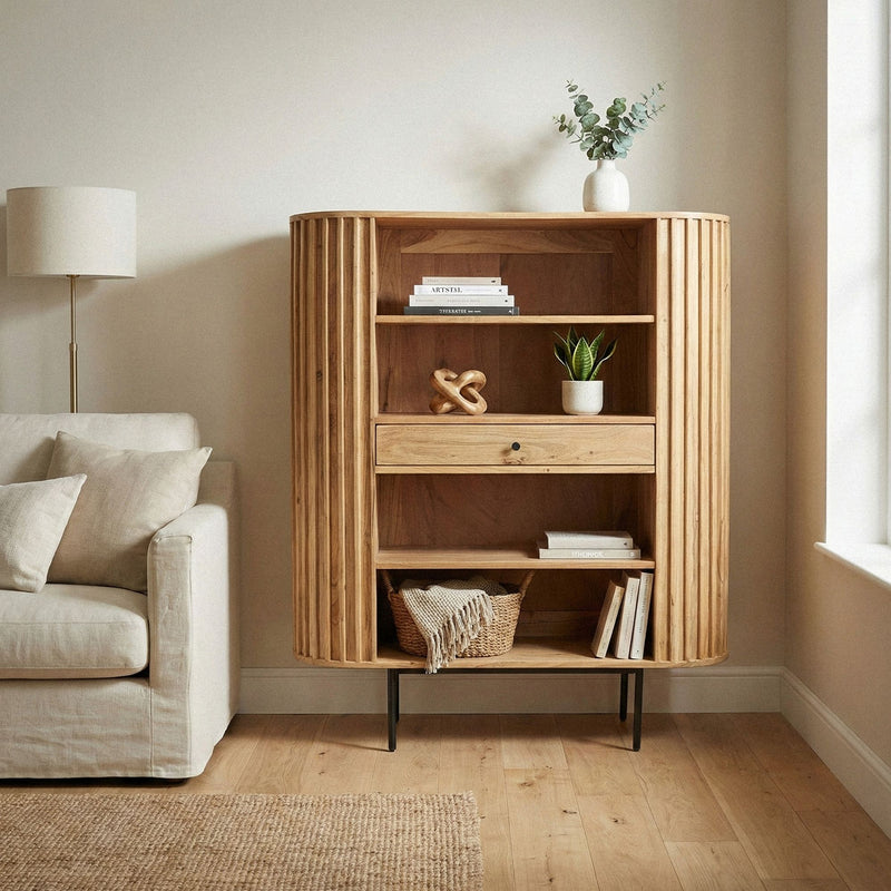Bücherregal Akazie Massivholz mit Schublade, Lamellen-Design 105x122cm