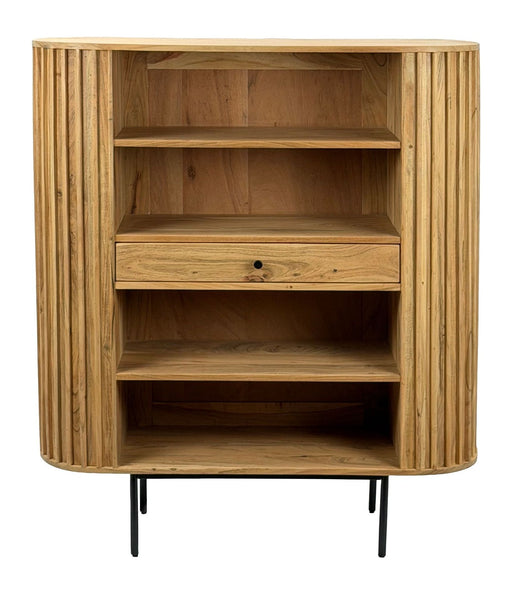 Bücherregal Akazie Massivholz in Gesamtansicht mit Schublade und Lamellen-Design an den Seitenwänden.