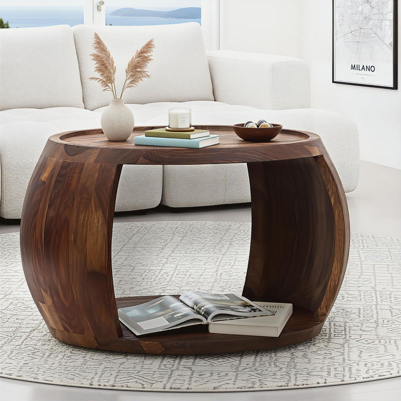 Couchtisch Sheesham Massivholz rund mit Ablagefach, Wohnling