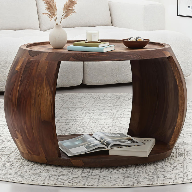 Couchtisch Sheesham Massivholz rund mit Ablagefach, Wohnling