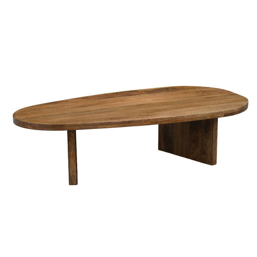 Couchtisch Mango Massivholz oval 120 cm in Gesamtansicht mit ovaler Tischplatte und massiven Holzbeinen.