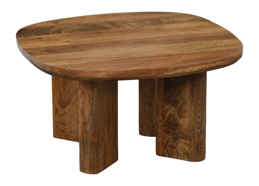Couchtisch Mango Massivholz 60x60 cm mit abgerundeter Tischplatte und massiven Holzblöcken als Gestell in Gesamtansicht.