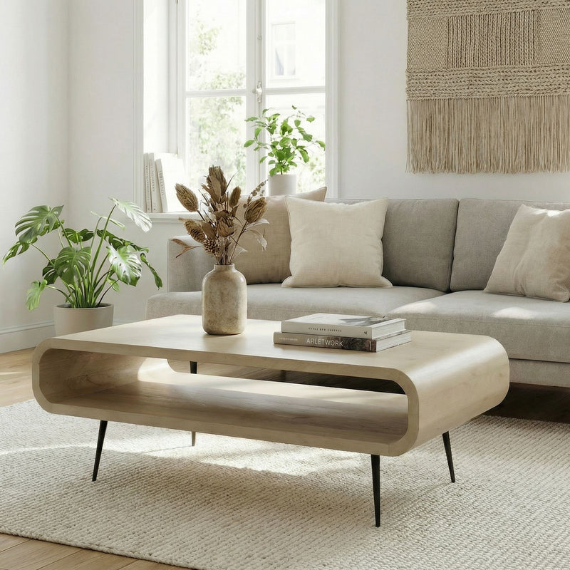 Couchtisch Mango Massivholz White Wash 90cm, Retro mit Metallbeinen