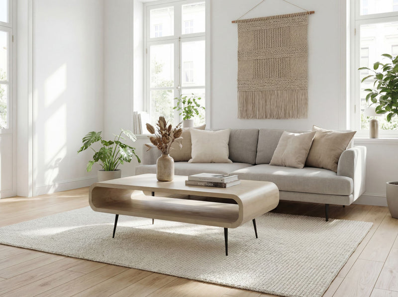Couchtisch Mango Massivholz White Wash 90cm, Retro mit Metallbeinen