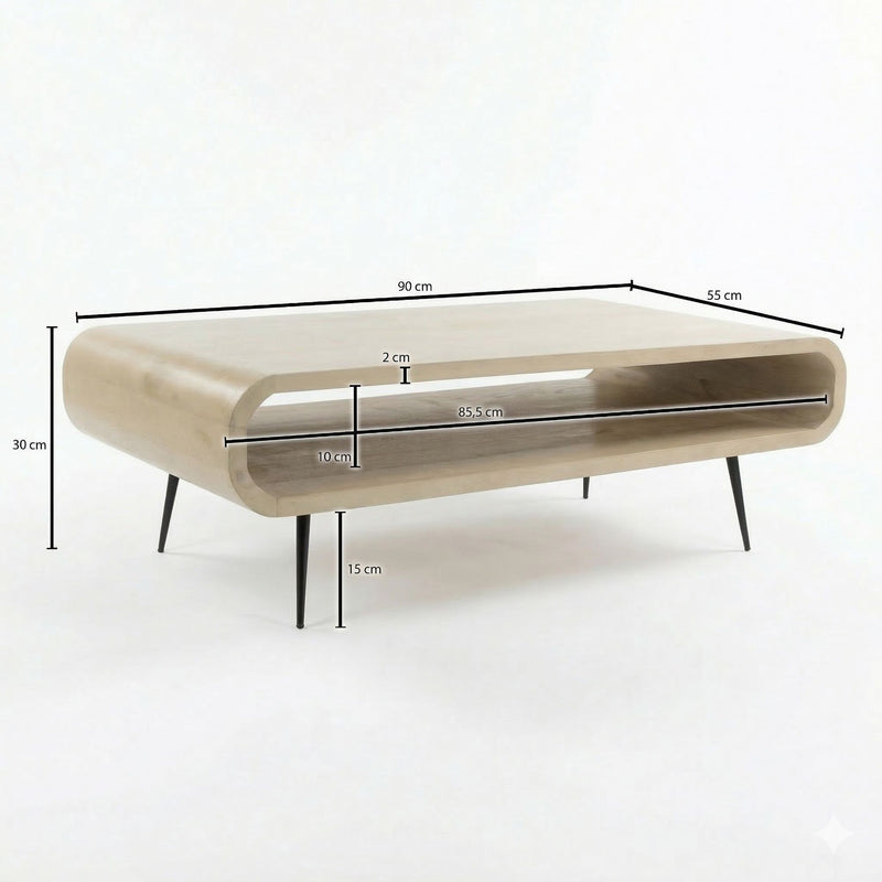 Couchtisch Mango Massivholz White Wash 90cm, Retro mit Metallbeinen