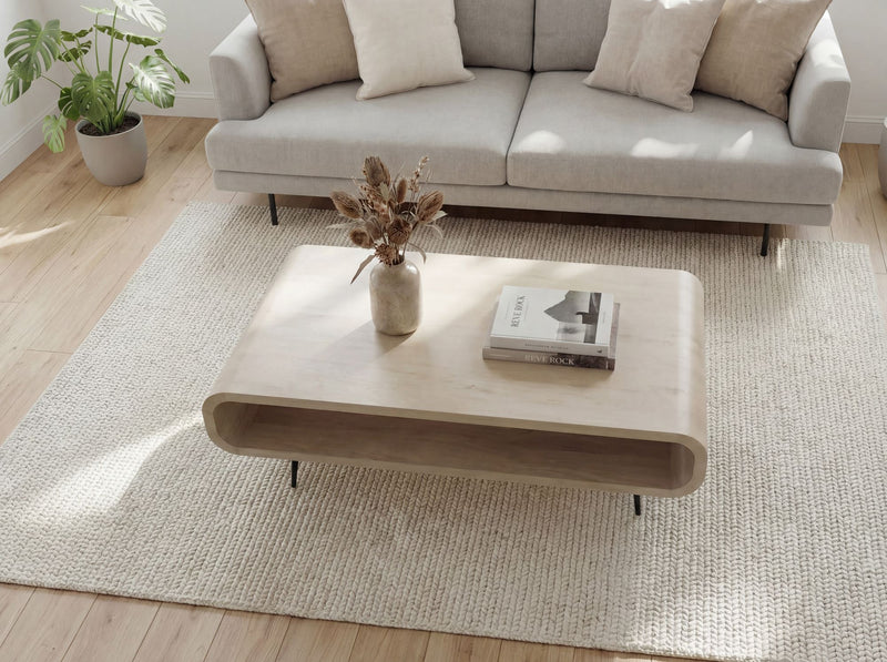 Couchtisch Mango Massivholz White Wash 90cm, Retro mit Metallbeinen