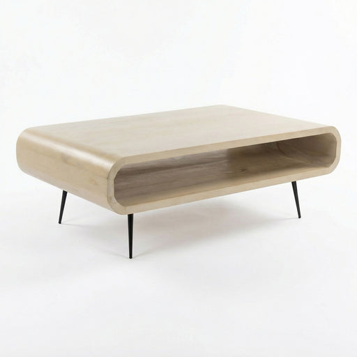 Couchtisch Mango Massivholz White Wash 90cm mit geschwungener Holzform und schwarzen Metallbeinen in Gesamtansicht.