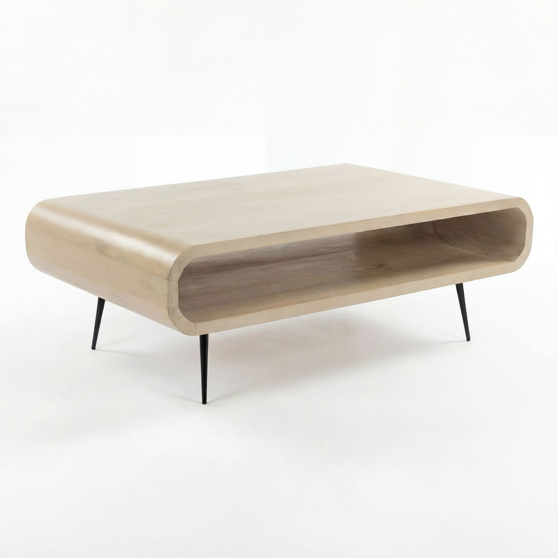 Couchtisch Mango Massivholz White Wash 90cm, Retro mit Metallbeinen