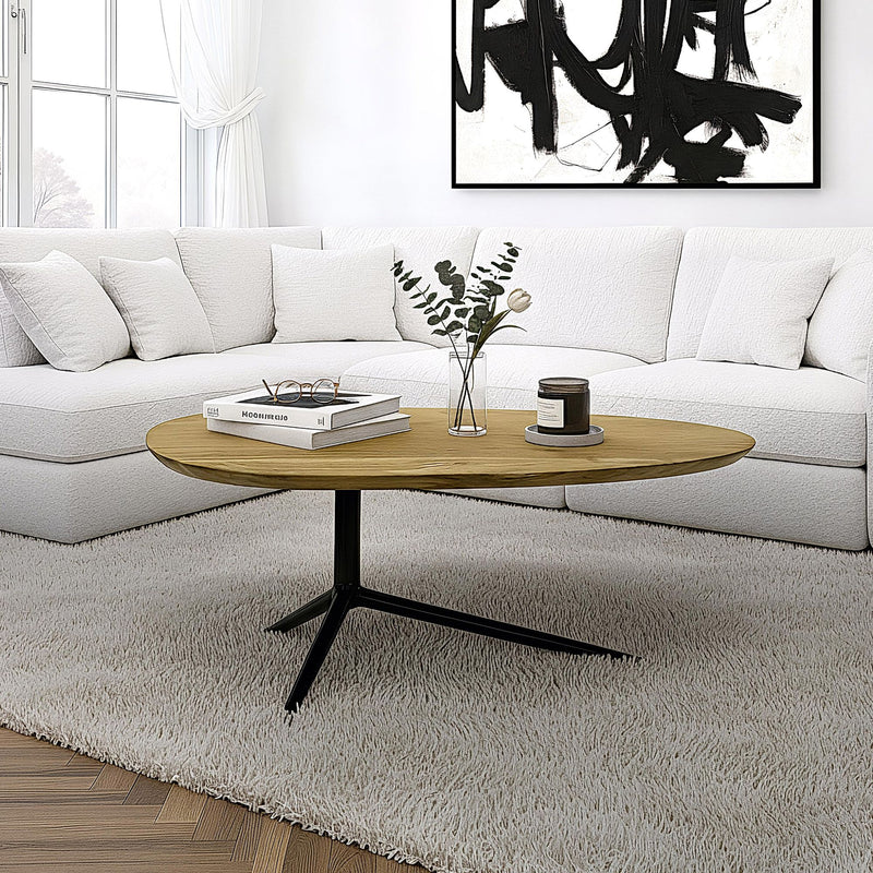 Couchtisch Akazie Massivholz oval, 87 cm mit schwarzem Metallgestell