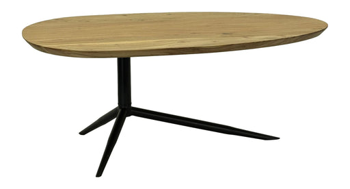 Couchtisch Akazie Massivholz oval, 87 cm mit schwarzem Metallgestell in Gesamtansicht von vorne.