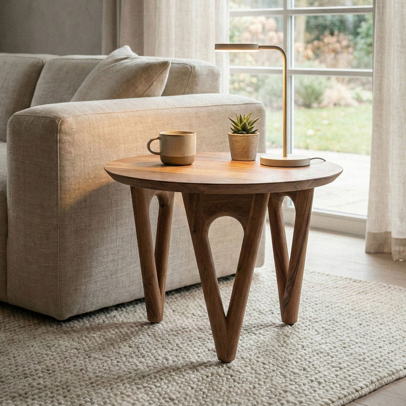 Couchtisch Rund Akazie Massivholz, Wohnzimmertisch 60 cm Landhausstil