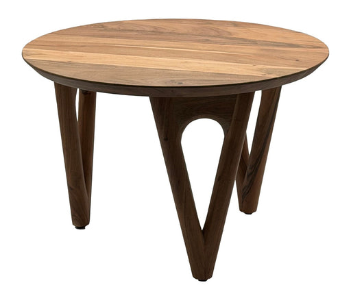 Couchtisch Rund Akazie Massivholz mit runder Tischplatte und geschwungenen Holzbeinen in Gesamtansicht.