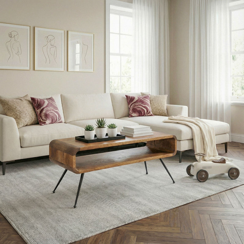 Couchtisch Mango 105cm Massivholz mit Ablagefach, Retro-Design