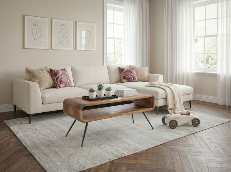 Couchtisch Mango 105cm Massivholz mit Ablagefach, Retro-Design