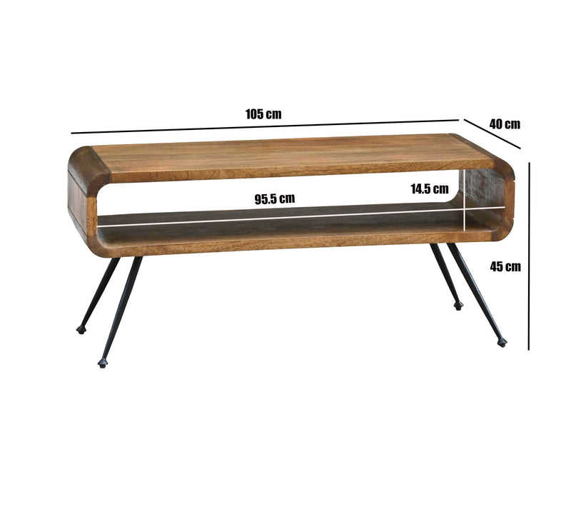Couchtisch Mango 105cm Massivholz mit Ablagefach, Retro-Design