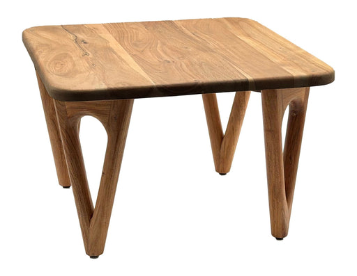 Couchtisch Akazie Massivholz 60x60cm in Gesamtansicht mit durchbrochenen V-förmigen Beinen und heller Holzplatte.
