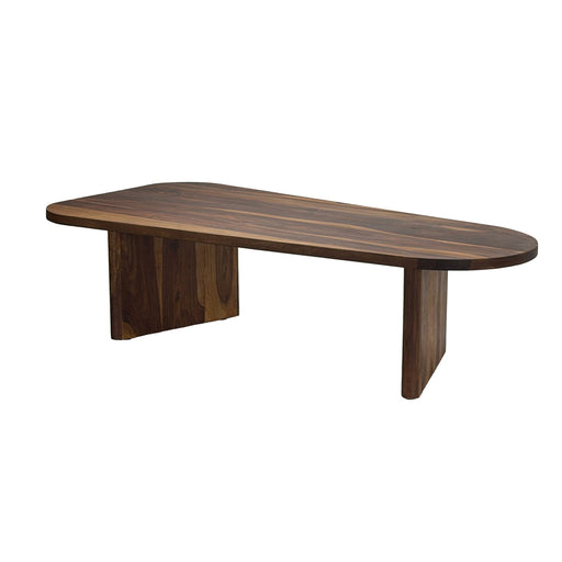Couchtisch Sheesham oval 120cm mit gerundeter Tischplatte und massiven Holzstützen, Gesamtansicht von vorne.