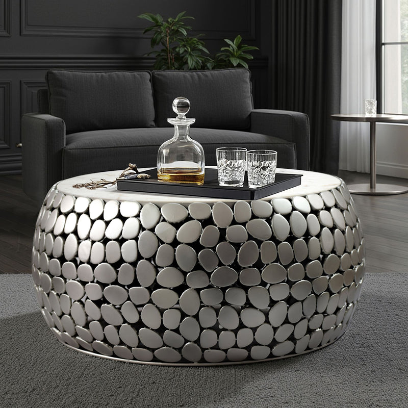 Couchtisch rund 66 cm mit Marmorplatte und Alugestell in Silber