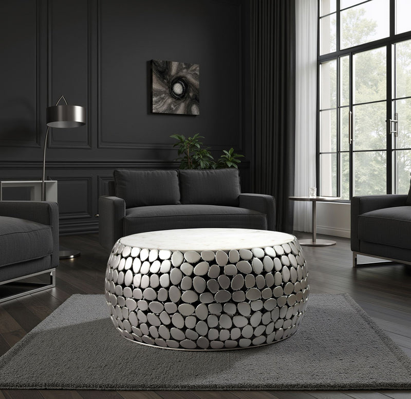 Couchtisch rund 66 cm mit Marmorplatte und Alugestell in Silber
