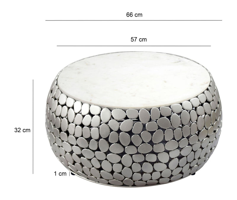 Couchtisch rund 66 cm mit Marmorplatte und Alugestell in Silber
