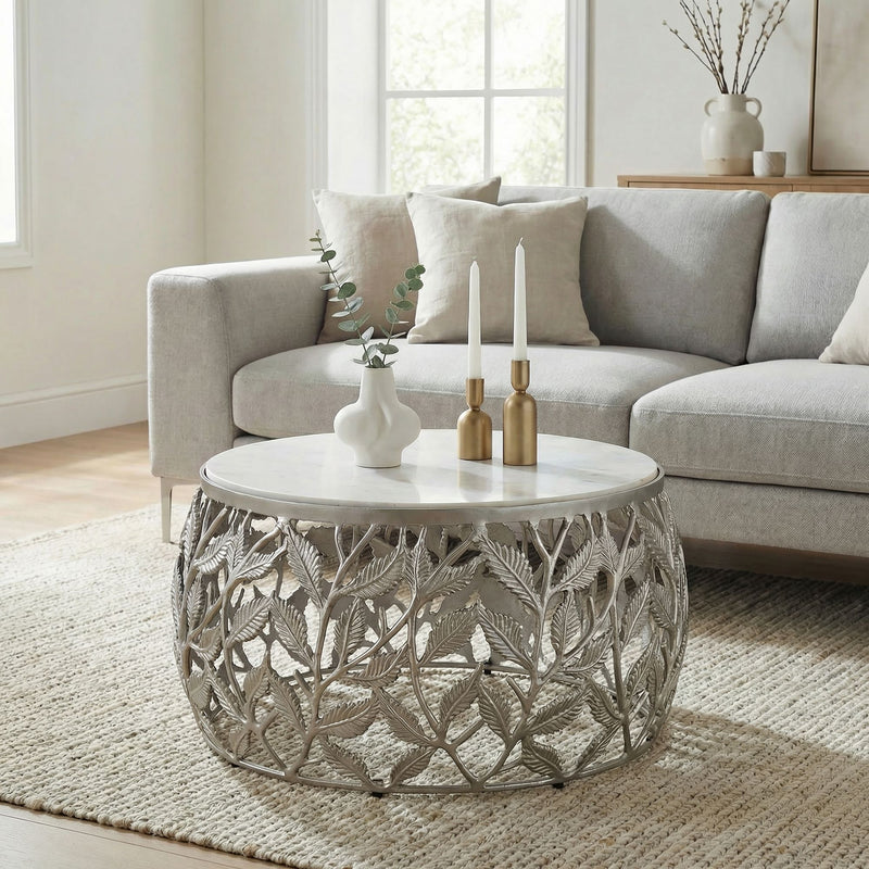 Couchtisch Rund 60cm mit Marmor-Platte, Aluminiumgestell Silbern