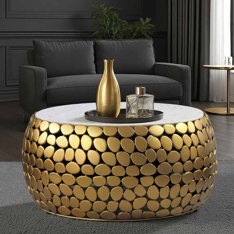 Design Couchtisch rund 66 cm mit Marmorplatte und goldenem Alu-Gestell