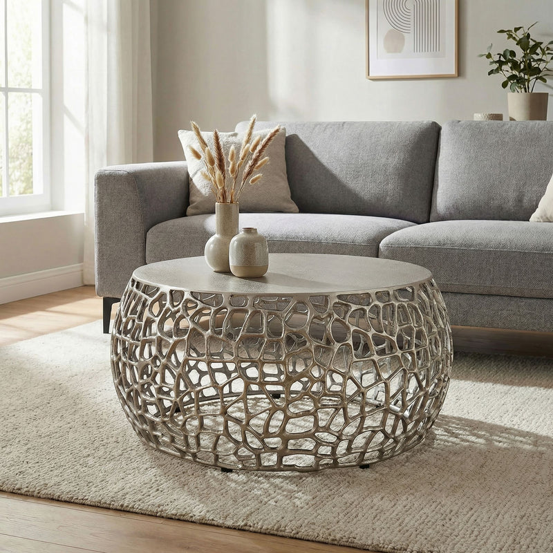 Couchtisch Wohnling aus Aluminium in Silber mit Astmuster, rund 60 cm