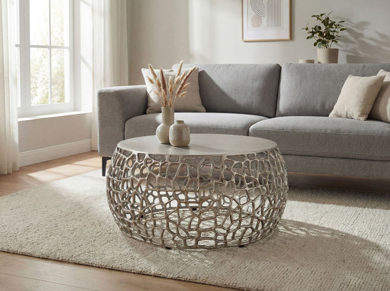 Couchtisch Wohnling aus Aluminium in Silber mit Astmuster, rund 60 cm