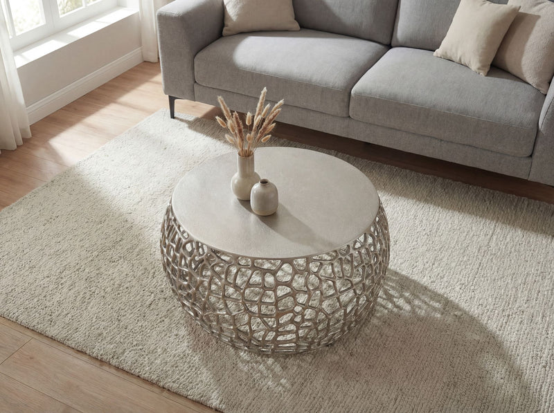 Couchtisch Wohnling aus Aluminium in Silber mit Astmuster, rund 60 cm