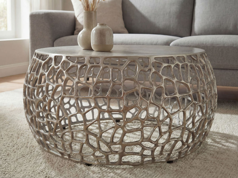Couchtisch Wohnling aus Aluminium in Silber mit Astmuster, rund 60 cm